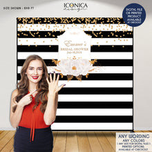 Load image into Gallery viewer, Bridal Shower Backdrop, Elegant Black and White Stripes Banner, Floral Black and White backdrop, Printed