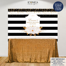 Load image into Gallery viewer, Bridal Shower Backdrop, Elegant Black and White Stripes Banner, Floral Black and White backdrop, Printed
