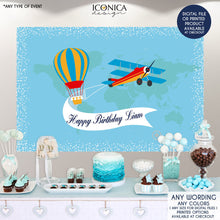 Load image into Gallery viewer, Airplane First Birthday Party, Airplane Birthday Backdrop, Hot Air Balloon Backdrop, Up up and away, Boy meets the world