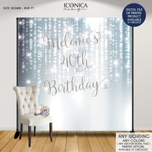 Load image into Gallery viewer, Birthday Backdrop,40th,50th,any age,Birthday Custom Step And Repeat, Milestone Birthday Backdrop, Personalized Silver Bokeh Backdrop, Printed BWD0001
