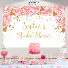 Load image into Gallery viewer, First Birthday Backdrop, Pink Flowers and Gold Faux Glitter Decor, any wording, Printed BBR0030