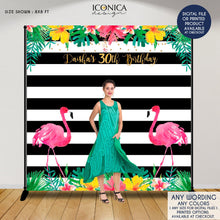 Load image into Gallery viewer, Flamingo Party Backdrop - Tropical Luau Backdrop Summer Parties - Let's Flamingle - Tiki Party Pool Party Printed Or Printable File BAE0020