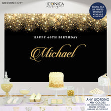 Load image into Gallery viewer, Elegant 60th Birthday Backdrop personalized, Milestone Birthday Backdrop, Corporate Party Backdrop,Black and Gold Party Decor BHO0004