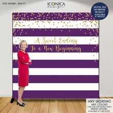 Load image into Gallery viewer, Retirement Party Backdrop, Retirement party decor, A sweet ending to a new beginning, Virtual Retirement Photo Booth Banner BRT0009