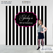 Load image into Gallery viewer, Birthday Backdrop, 60th Birthday Custom Step And Repeat Backdrops,Milestone Birthday Backdrop, Personalized Black and White Stripes Printed BBR0013