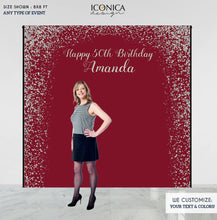 Load image into Gallery viewer, Burgundy Birthday party Decor, 50th Birthday Photo Booth Backdrop, Milestone Birthday Backdrop, Burgundy and Faux Silver backdrop, any age, Printed