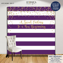 Load image into Gallery viewer, Retirement Party Backdrop, Retirement party decor, A sweet ending to a new beginning, Virtual Retirement Photo Booth Banner BRT0009