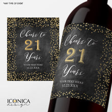 Load image into Gallery viewer, 40th Birthday Party Decor, Any Age, Custom Beverage Labels, Bottle wrappers, personalized beer or wine labels, gold and chalky design
