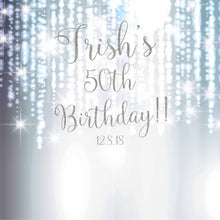Load image into Gallery viewer, Birthday Backdrop,40th,50th,any age,Birthday Custom Step And Repeat, Milestone Birthday Backdrop, Personalized Silver Bokeh Backdrop, Printed BWD0001
