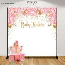 Load image into Gallery viewer, First Birthday Backdrop, Pink Flowers and Gold Faux Glitter Decor, any wording, Printed BBR0030
