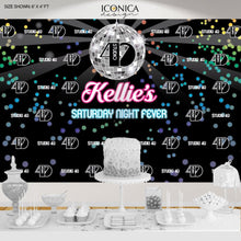 Load image into Gallery viewer, Disco Birthday Party Backdrop, Retro Dance Party, 70s Backdrop Dance Party, Milestone Birthday Backdrop, Night Fever Party Banner, Any age, Printed