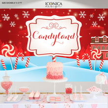 Load image into Gallery viewer, Candyland Holiday Party Banner, Candyland Birthday Party Backdrop, Sweet Birthday party, Peppermint Backdrop, Printed.