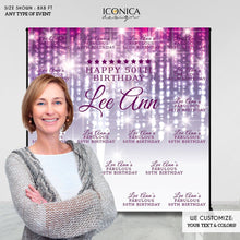 Load image into Gallery viewer, 50th Birthday Backdrop, Step And Repeat Backdrop,Purple bokeh Backdrop, Milestone Birthday Backdrop , Fifty Birthday, Violet Backdrop, Printed BBD0071