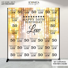 Load image into Gallery viewer, 50th Birthday Backdrop, Photo Booth Party Backdrop, Milestone Birthday Backdrop , Step And Repeat, Red Carpet Banner, 50 and Fabulous, 50 Years, Gold Backdrop, BBD0019