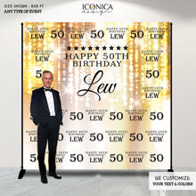 Load image into Gallery viewer, 50th Birthday Backdrop, Photo Booth Party Backdrop, Milestone Birthday Backdrop , Step And Repeat, Red Carpet Banner, 50 and Fabulous, 50 Years, Gold Backdrop, BBD0019