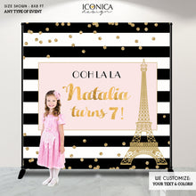 Load image into Gallery viewer, French Birthday Backdrop - Floral Party Backdrop - Black And White Stripes Banner, Any Event Gold Confetti Printed Or Printable File Bbd0046