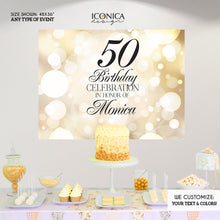 Load image into Gallery viewer, 50th Birthday Backdrop, 50th Birthday Custom Step And Repeat Backdrops, Milestone Birthday Backdrop,  Personalized birthday decor, Gold Bokeh Banner BBD0156