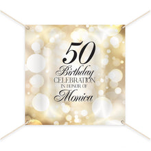 Load image into Gallery viewer, 50th Birthday Backdrop, 50th Birthday Custom Step And Repeat Backdrops, Milestone Birthday Backdrop,  Personalized birthday decor, Gold Bokeh Banner BBD0156