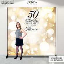 Load image into Gallery viewer, 50th Birthday Backdrop, 50th Birthday Custom Step And Repeat Backdrops, Milestone Birthday Backdrop,  Personalized birthday decor, Gold Bokeh Banner BBD0156