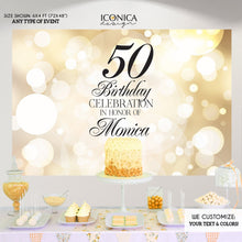 Load image into Gallery viewer, 50th Birthday Backdrop, 50th Birthday Custom Step And Repeat Backdrops, Milestone Birthday Backdrop,  Personalized birthday decor, Gold Bokeh Banner BBD0156