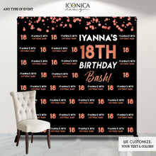 Load image into Gallery viewer, Birthday party Decor 18th Birthday Photo Booth Backdrop, Black and Rose Gold, any age, Printed or Printable File BHO0027