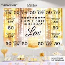 Load image into Gallery viewer, 50th Birthday Backdrop, Photo Booth Party Backdrop, Milestone Birthday Backdrop , Step And Repeat, Red Carpet Banner, 50 and Fabulous, 50 Years, Gold Backdrop, BBD0019