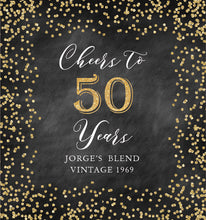 Load image into Gallery viewer, 50th Birthday Party Decor, Any Age, Custom Beverage Labels, Bottle wrappers, personalized beer or wine labels, gold and chalky design
