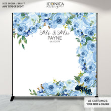 Load image into Gallery viewer, Wedding Photo Backdrop Decor, Fabric Backdrop,Personalized Photo Backdrop,Engagement Party Banner, Floral Blue Watercolor Backdrop, BWD0049