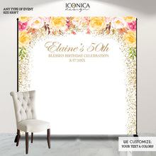 Load image into Gallery viewer, 50th Birthday Party Backdrop,50th Blessed Birthday Celebration, Any text, Milestone Birthday Backdrop , Personalized birthday decor, Floral Pink and Yellow Banner BBD0088
