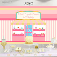 Load image into Gallery viewer, Bakery Backdrop, Candy Shop Kids Birthday Backdrop, Cupcake 1st Birthday Party Decor, Sweet Shoppe Party Backdrop, Any Age, Baking party, BBD0080