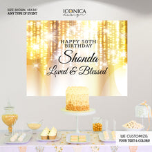 Load image into Gallery viewer, 50th Birthday Backdrop, Photo Booth Party Backdrop, Step And Repeat, Milestone Birthday Backdrop ,  Red Carpet Banner, 50 and Fabulous, 50 Years, Gold Backdrop, BBD0075