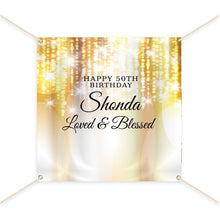 Load image into Gallery viewer, 50th Birthday Backdrop, Photo Booth Party Backdrop, Step And Repeat, Milestone Birthday Backdrop ,  Red Carpet Banner, 50 and Fabulous, 50 Years, Gold Backdrop, BBD0075