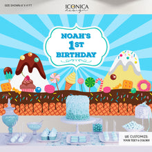 Load image into Gallery viewer, Candyland First Birthday Banner Candyland Party Backdrop Any Age CANDYSHOP party Baking party Printed BBD0043