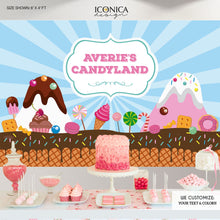 Load image into Gallery viewer, Candyland First Birthday Banner Candyland Party Backdrop Any Age Bakery Backdrop Baking Party Candy Shop Printed BBD0042
