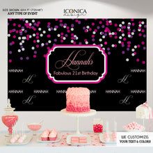 Load image into Gallery viewer, Birthday Photo Booth Backdrop Purple And Pink Confetti Step And Repeat Backdrop Red Carpet 21st Birthday Printed Bbd0040