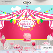 Load image into Gallery viewer, Girl Carnival First Birthday Party Banner - Girl Circus Party Backdrop - Bright Colors - Pink Circus Party Printed Bbd0006