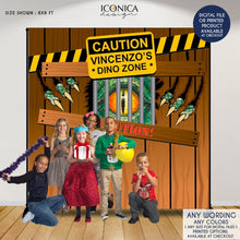 Load image into Gallery viewer, Dinosaur Backdrop, Dinosaur Party Backdrop, Scary Dino Backdrop, dinosaur birthday backdrop, Caution Dino Zone Banner