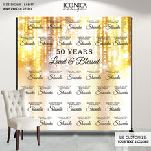 Load image into Gallery viewer, 50th Birthday Backdrop, Photo Booth Party Backdrop, Step And Repeat, Milestone Birthday Backdrop ,  Red Carpet Banner, 50 and Fabulous, 50 Years, Gold Backdrop, BBD0075