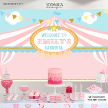 Load image into Gallery viewer, Carousel Banner Carnival Banner Circus Party Backdrop Pastel Colors First Birthday Banner Pink Gold Blue Printed Bbd0033