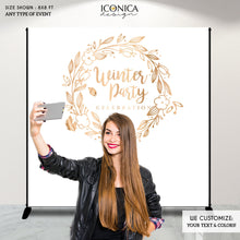 Load image into Gallery viewer, Winter party PHOTO BOOTH Backdrop, Floral Wreath Backdrop, White and Gold, Printed BHO0019