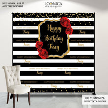 Load image into Gallery viewer, 50 Birthday Photo Booth Backdrop,50th Birthday Party Backdrop, Floral Banner Red Roses and Gold Backdrop, Black and White Backdrop - Milestone Birthday Backdrop