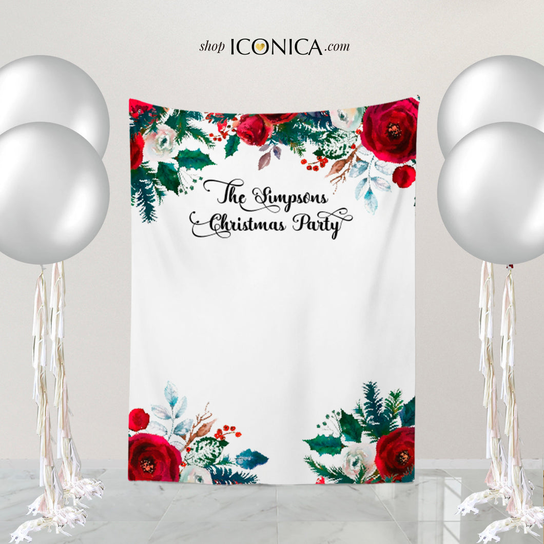 Christmas Party backdrop Personalized,Holiday Party Backdrop,Festive Red Floral Backdrop,Holiday Party Decorations,Printed Backdrop