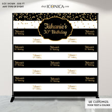 Load image into Gallery viewer, 30th Birthday Photo backdrop personalized, Black and White Striped Backdrop, Holiday Party, Milestone Birthday Backdrop, any age or text, Printed BBD0101