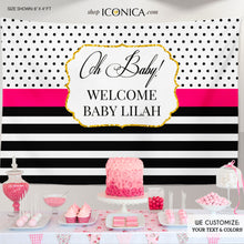 Load image into Gallery viewer, Glam Black And White Stripes Birthday Banner Bridal Baby Shower Backdrop Modern Black White Stripes Gold Glitter Printed Or Printable File