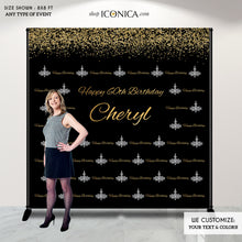 Load image into Gallery viewer, Birthday Photo Booth Backdrop, Milestone Step and Repeat Backdrop, Gold Black Silver , Chandelier Banner, Any age, Printed Or Printable