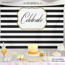 Load image into Gallery viewer, Black And White Party Backdrop, Black And White Stripes backdrop, Elegant Party Backdrop, Any text - Printed Or Printable File BAE0011