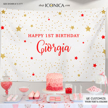 Load image into Gallery viewer, Girls First Birthday Backdrop, Little Star Backdrop, Twinkle Party Decor, Red and Gold Backdrop, any text and colors