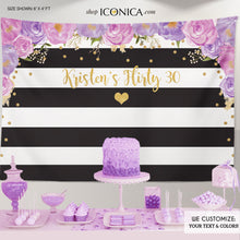 Load image into Gallery viewer, Birthday Floral Party Backdrop, Black And White Stripes, 30 and fabulous, Milestone Birthday Backdrop, 30th Banner, Any Event, Printed BBD0079