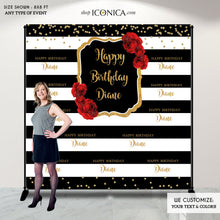 Load image into Gallery viewer, 50 Birthday Photo Booth Backdrop,50th Birthday Party Backdrop, Floral Banner Red Roses and Gold Backdrop, Black and White Backdrop - Milestone Birthday Backdrop