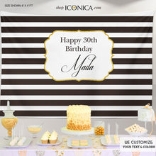 Load image into Gallery viewer, 30th Birthday Party Backdrop, Black And White Stripes Gold - Birthday Backdrop Any Age Or Event - Milestone Birthday Backdrop - Printed Bbd0052